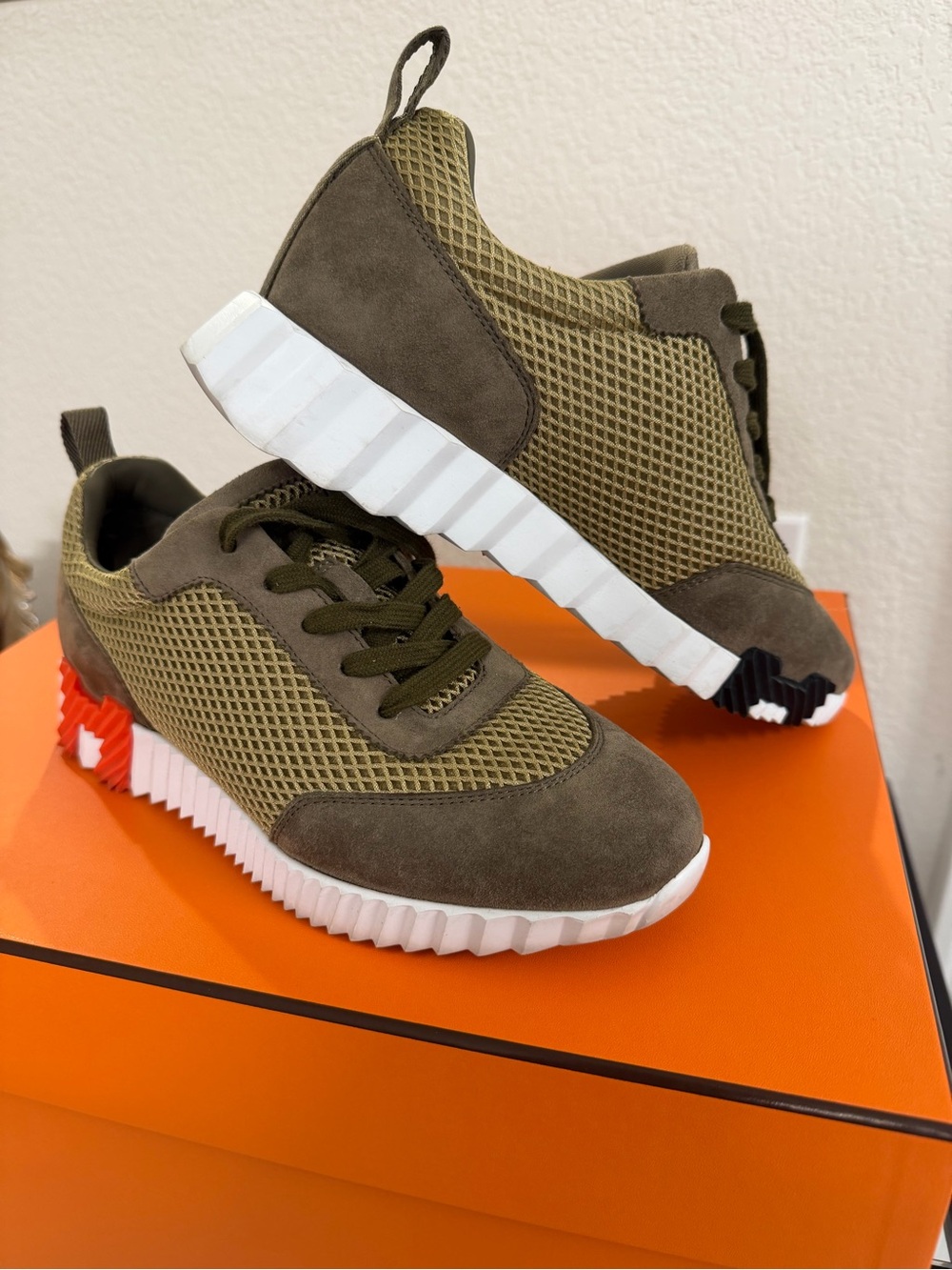Hermes Olive Green Mesh & Suede bouncing Sneakers with White Sole